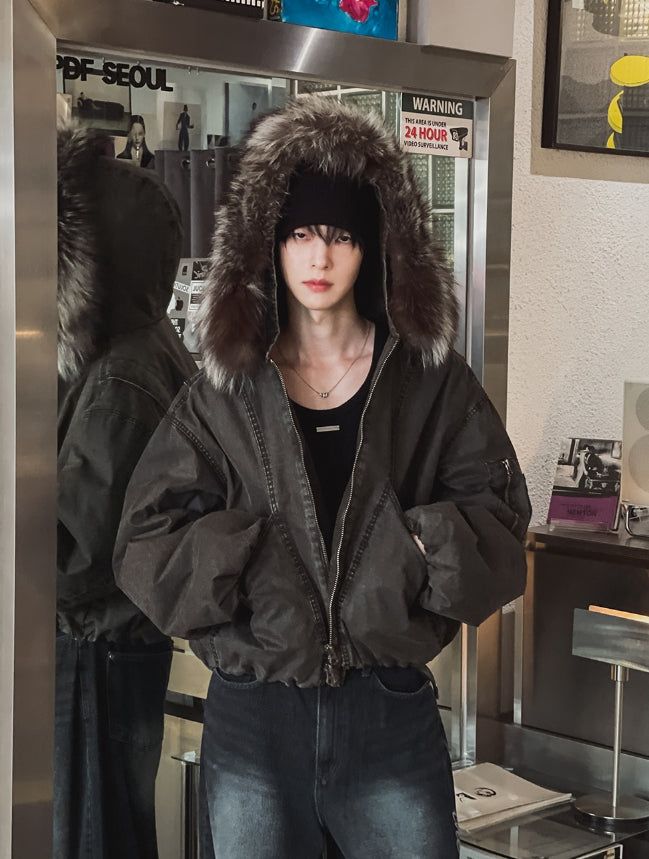 [LANARCH] Fox Fur Hood Bomber Jacket
