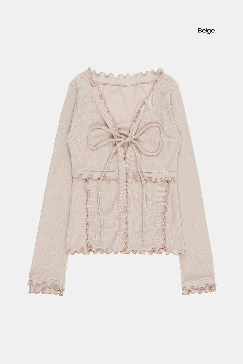 Non-button frill ribbed cardigan