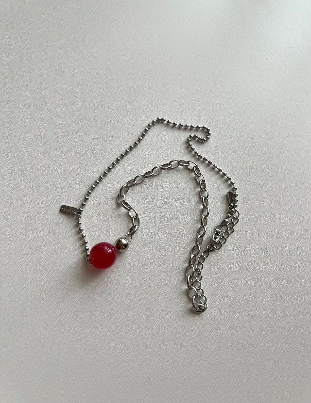 Ret Red Jade Stone Christmas Gift Recommendation Stainless Steel Bold Ball Layered Choker Short Beads Necklace