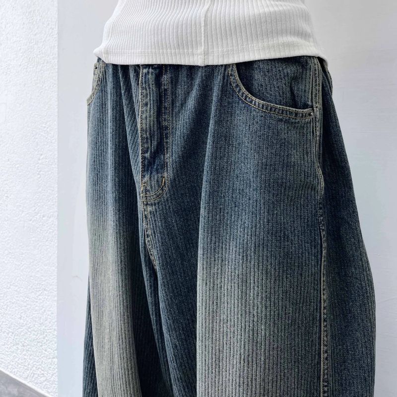 Curved Striped Washed Denim Trousers