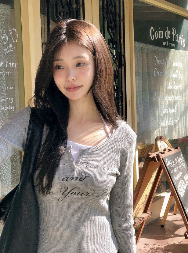 SHOPPERLAND(ショッパーランド)の「Half Button Deep U-neck Waffle Hood T-shirt (3color)(Tops)」