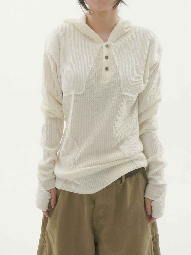 Woksta henley neck finger hole hood knit -3C