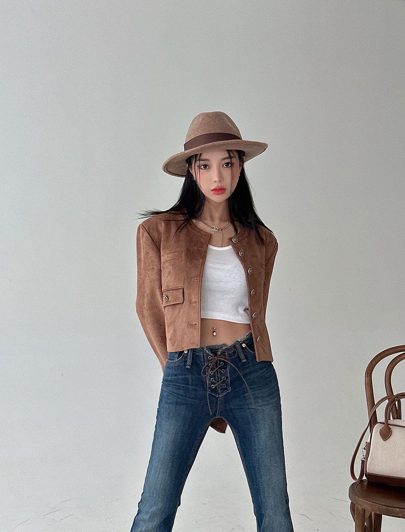a no-collar suede jacket