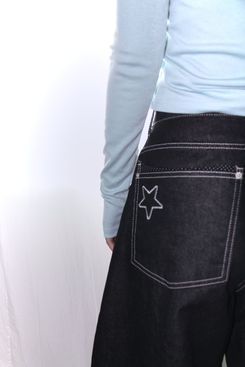Star stitch balloon wide denim pants