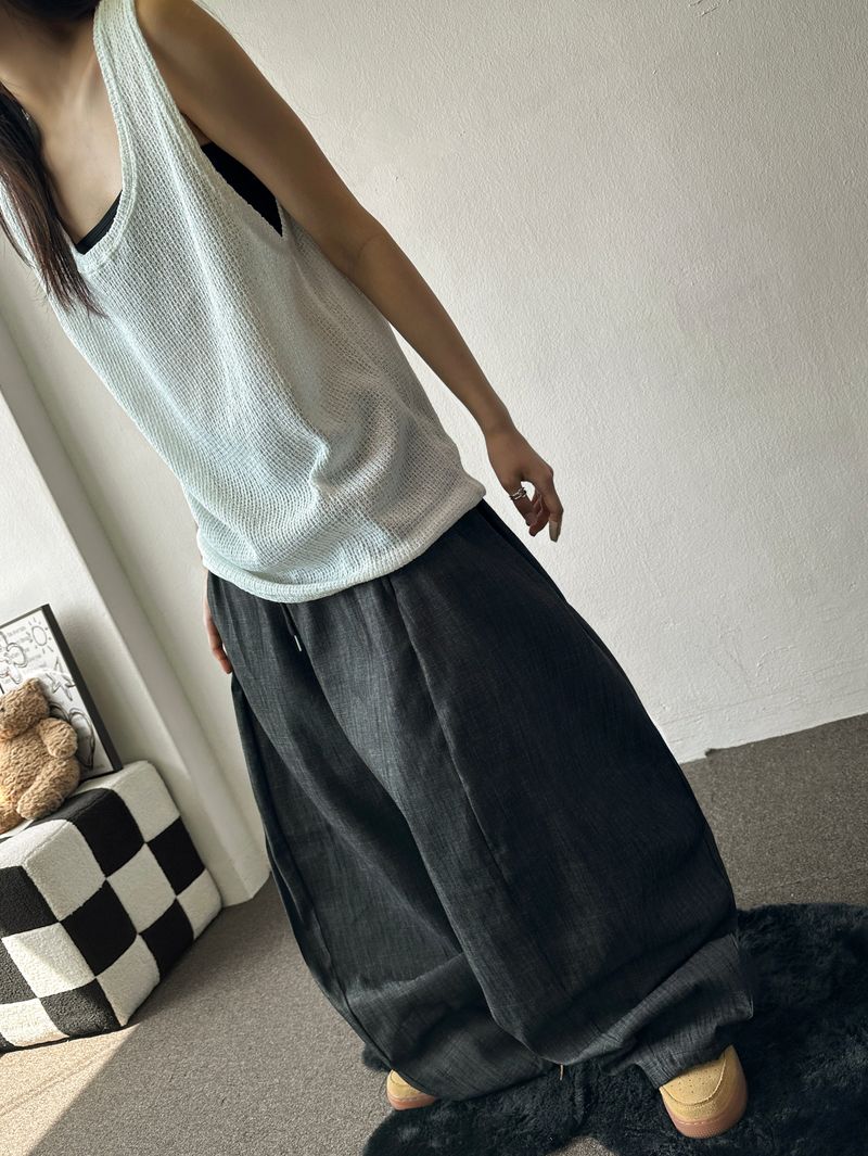 Lever Side Panel Elastic Waist Raw Denim Pants 2color
