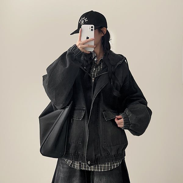 Delt Boxy Fit Two-Way Denim Hooded Jumper