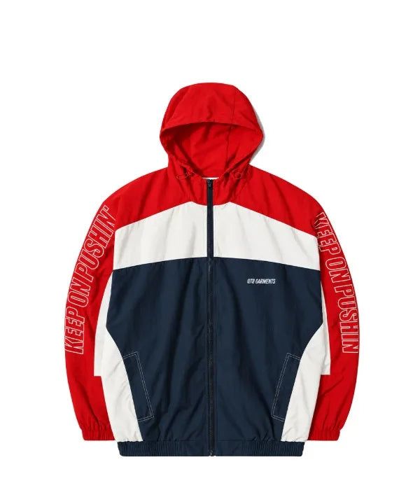 QT8 GARMENTS（キューティーエイトガーメント）の「MFレトロ フーデッド トラックジャケット (Red/Ivory/Navy)（ジャケット/アウター）」