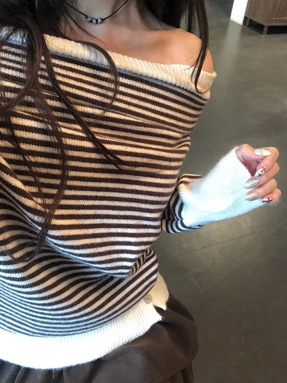 Boudin Stripe Loose Off-Shoulder Button Knit