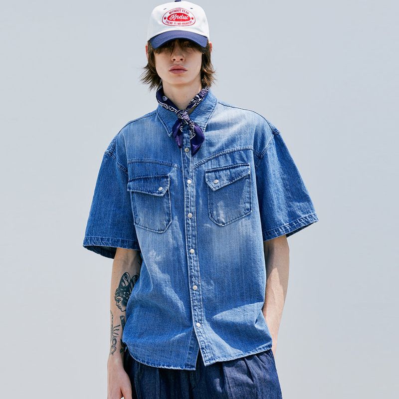 WASHED DENIM WESTERN SHIRT BLUE