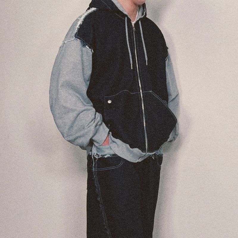 layered deconstructed zip-up hoodie_blue