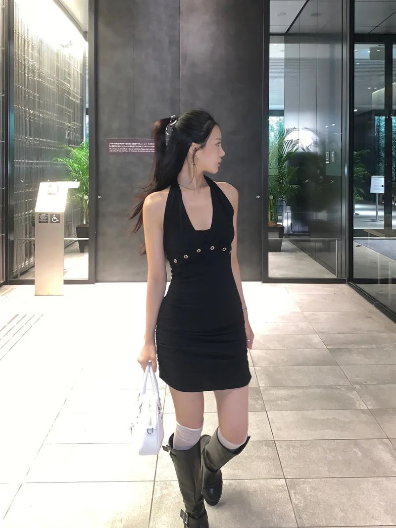 After Eyelet Halter Shirring Mini Dress 