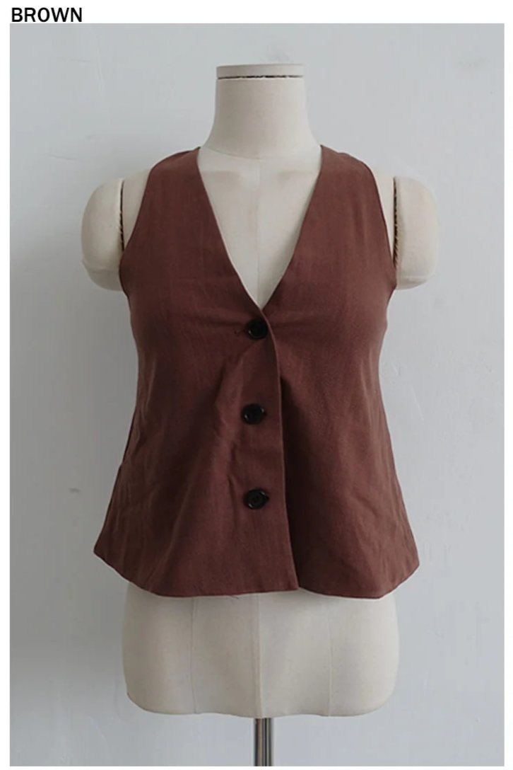 NATURAL LINEN BUTTON VEST (BROWN, BLACK 2COLORS!)