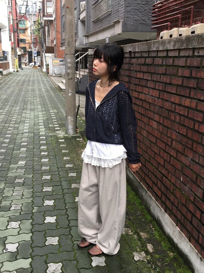 Linef Lace Summer Semi-Crop Hood Zip-Up