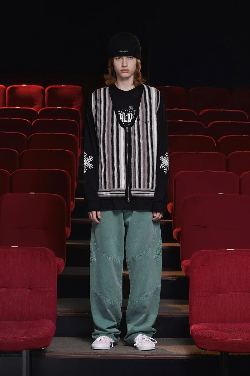 STRIPE ZIP KNIT VEST / BLACK