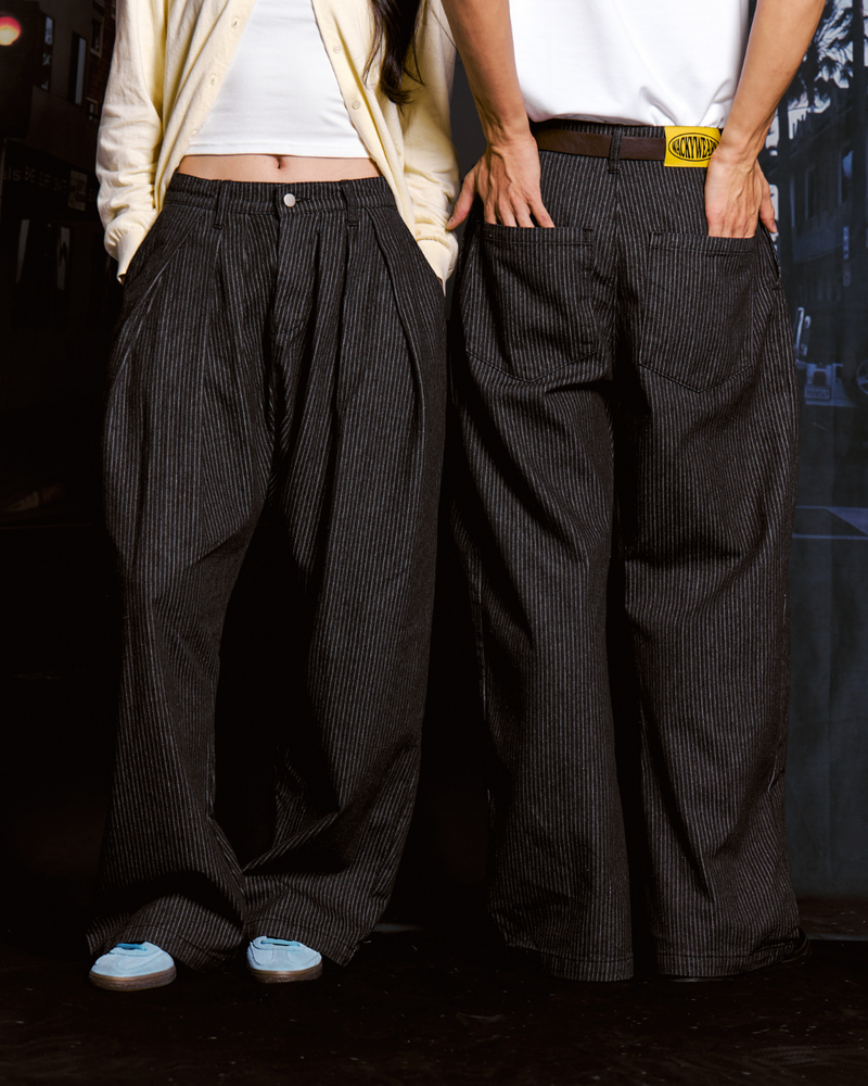 Pinstripe Pleated Baggy Jeans (Black)
