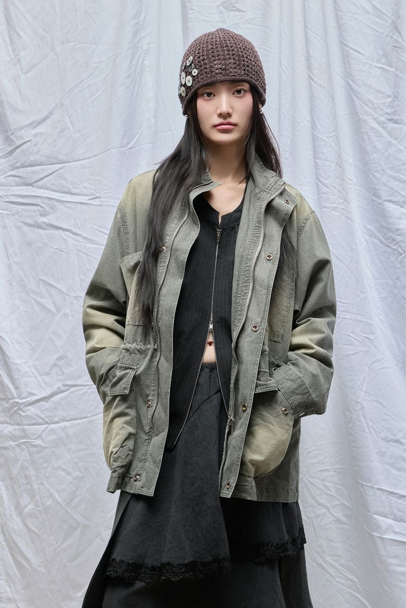 Washed High-Neck Field Jacket_Khaki