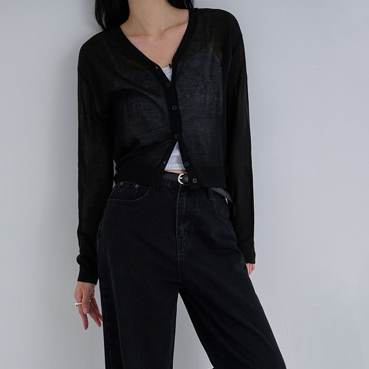 [Polia] Sheer V-neck Long Sleeve Cardigan - 8color