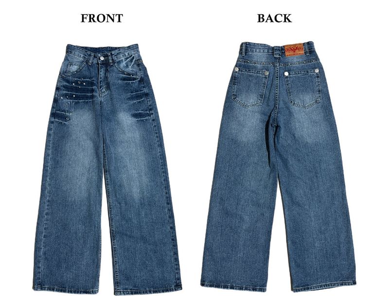 Rivet eyelet punching washed wide denim pants (Denim)
