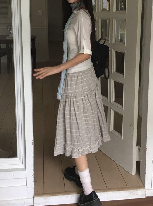 Saego Frill Check Midi Skirt