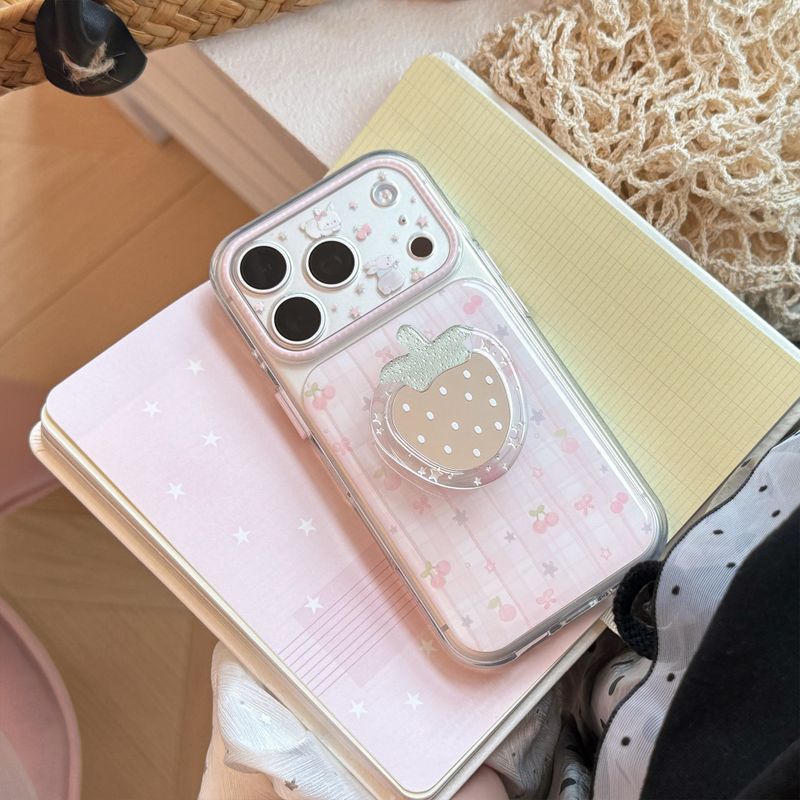 Pink Check Strawberry Mirror Magnetic iPhone Case