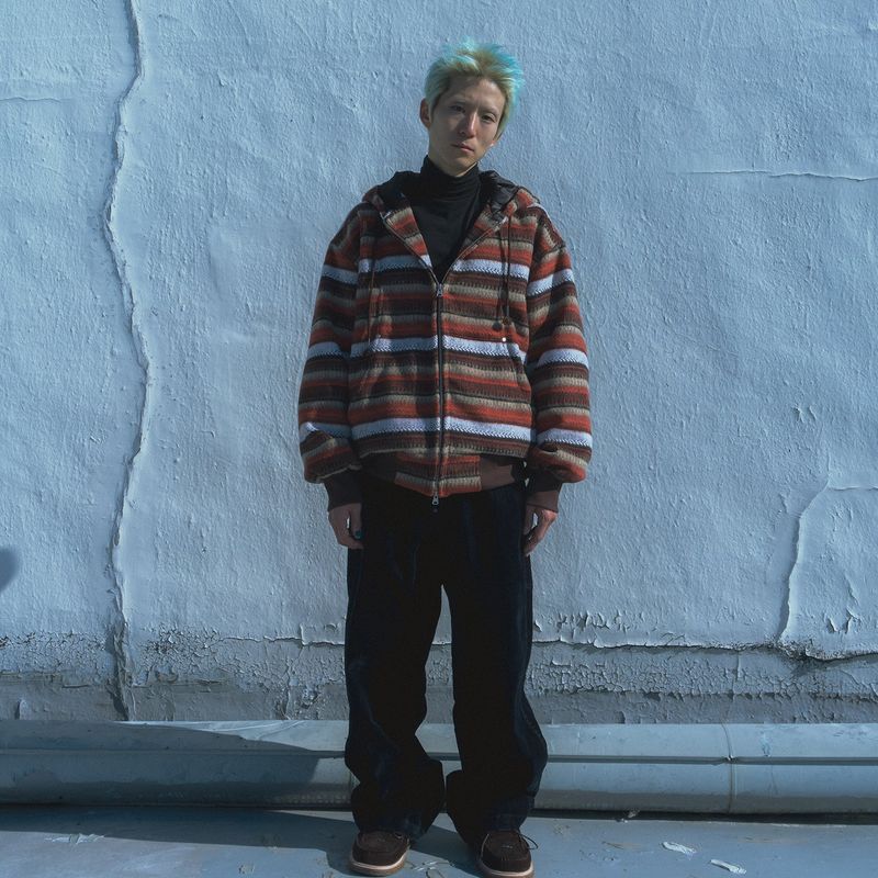 Wool fleece hooded zip-up jacket / Orange brown