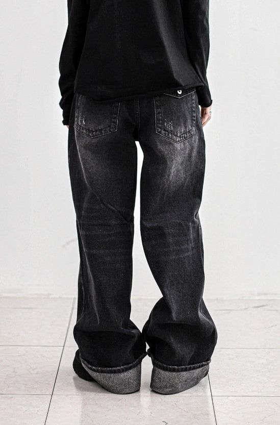 Cuffed cat washing denim pants