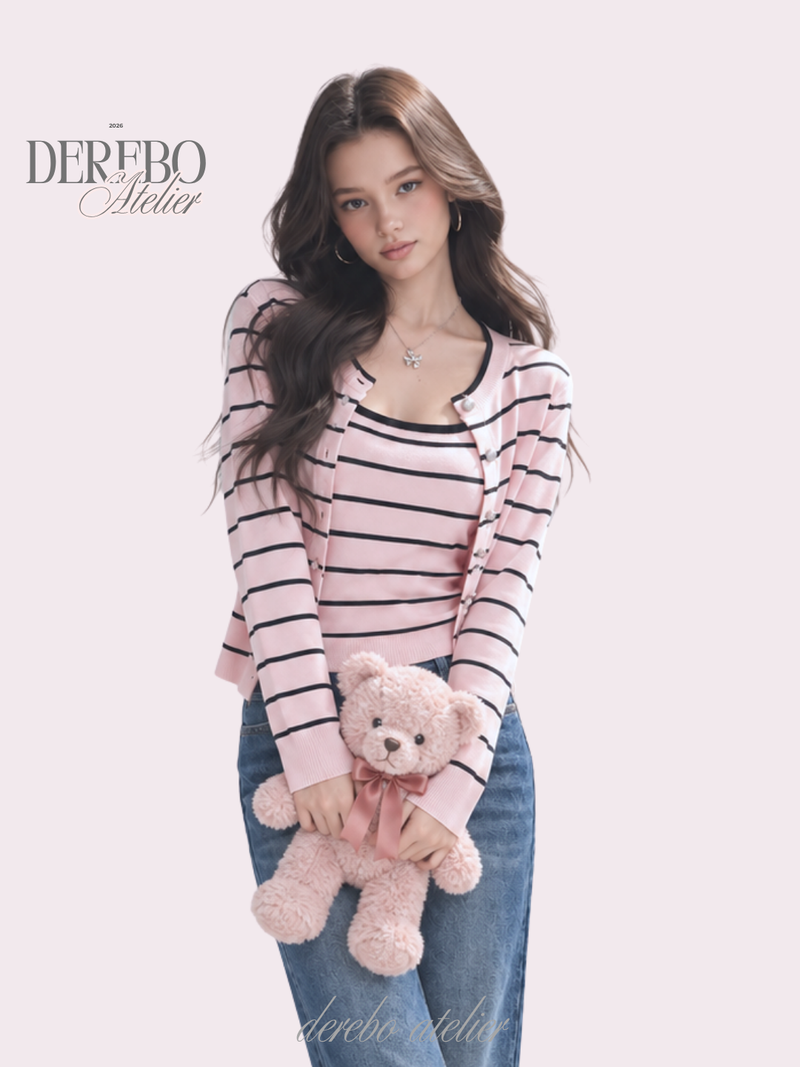 dereborujo（ドレボルゾー）の「Pink Stripe Inner Cardigan Two-Piece Set（Tops）」