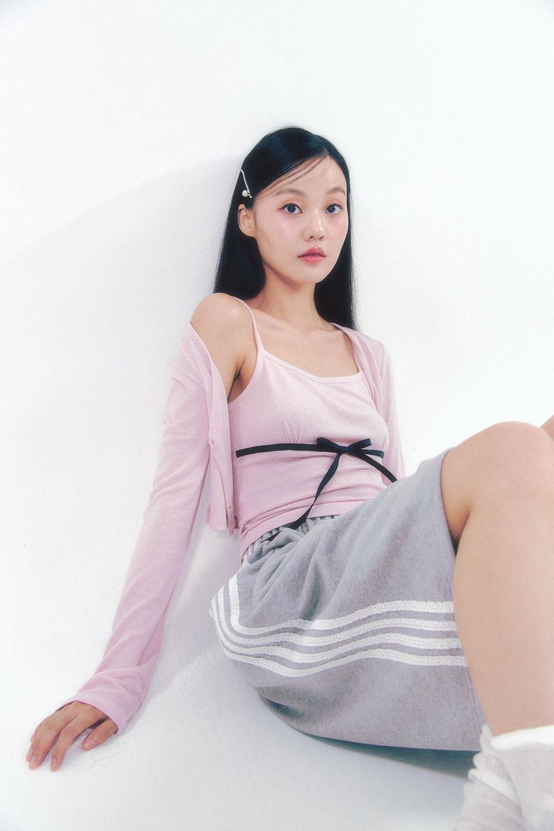 Knit Ribbon Shirring Top Set Pink