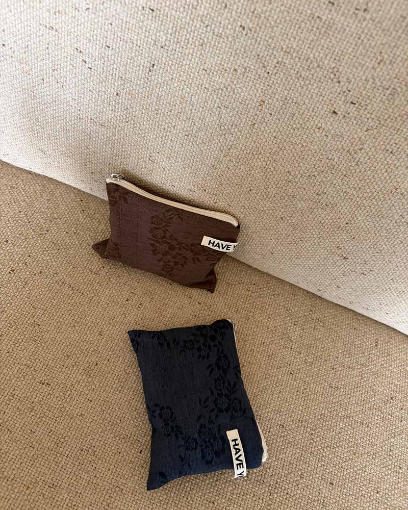 Linen floral flat pouch - brown , S size