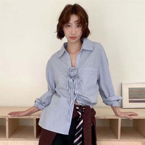 French Corsage Shirring Flower Tie Loose-Fit Check Shirt