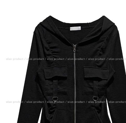 Caro Derring Strap Shirring Hooded Zip-Up