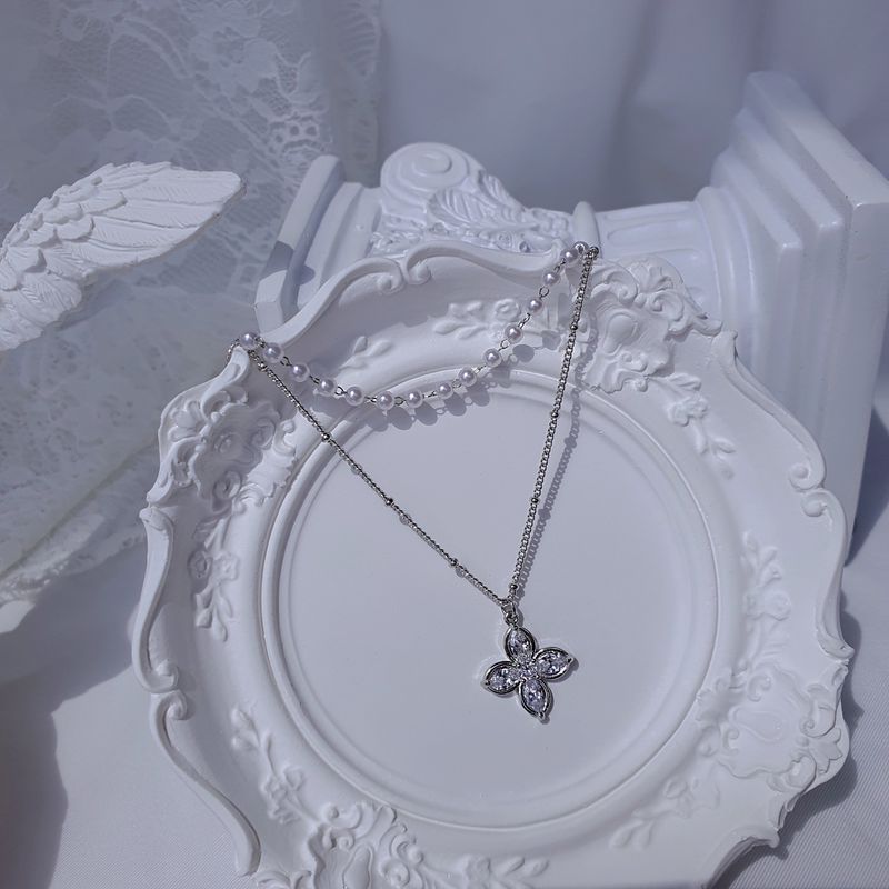 [NMIXX ジウ Necklace] ルナ ブロッサム レイヤード ネックレス - Silver color