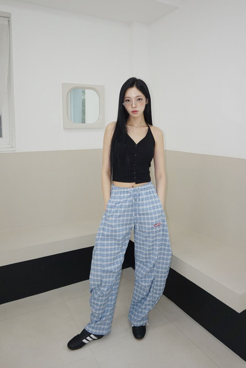 Blue checkered banding wide pants