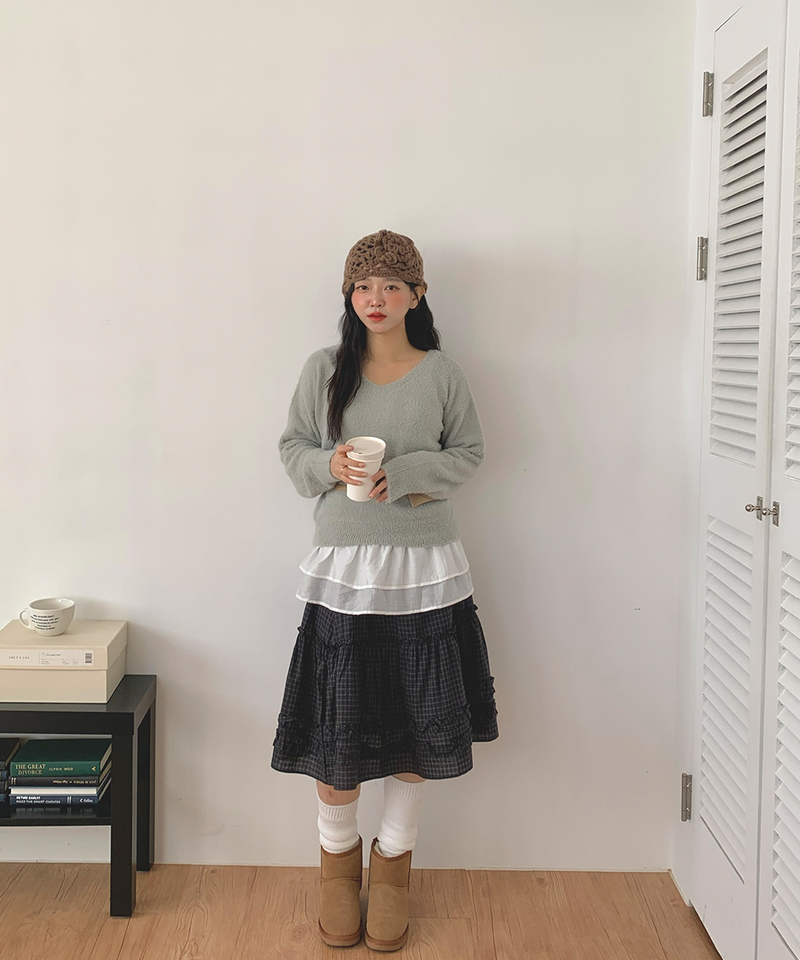Luen midi checkered skirt Fall layered frill soft fit