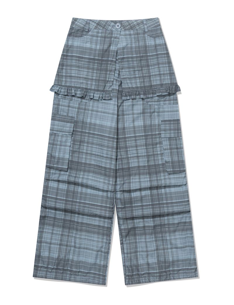 RUFFLE CHECKERED SKIRT CARGO PANTS(BLUE)
