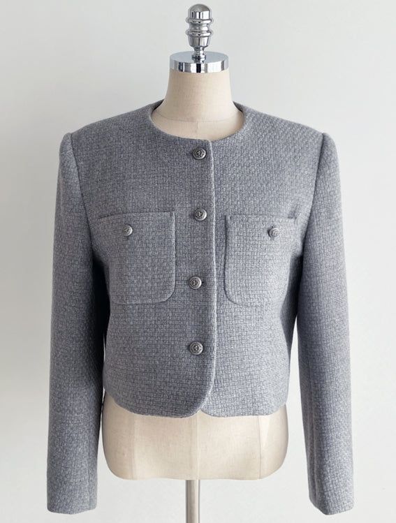 Deli Pocket No Collar Tweed Short Jacket