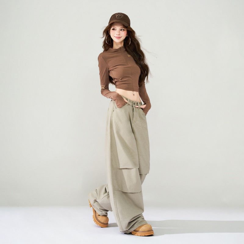 Light Brown Wash Fold Detail Wide Leg Jeans