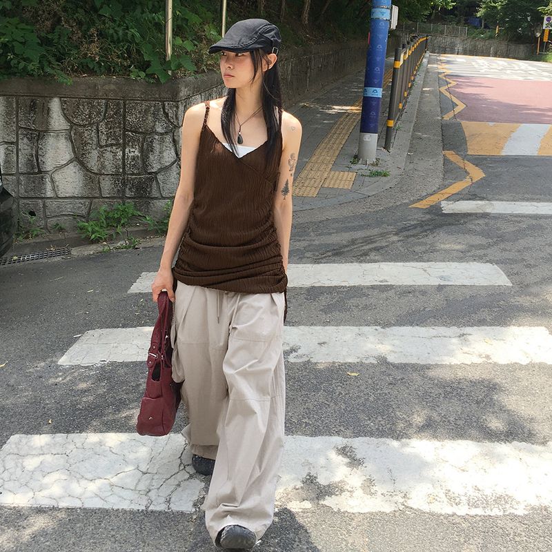 [MADE]  Mark Pleats Wrap Shirring Layered Mini Sleeveless Dress