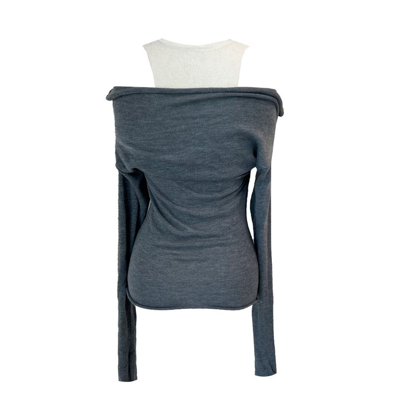 Layered shirring off-shoulder solid long sleeve knit top (3 colors)