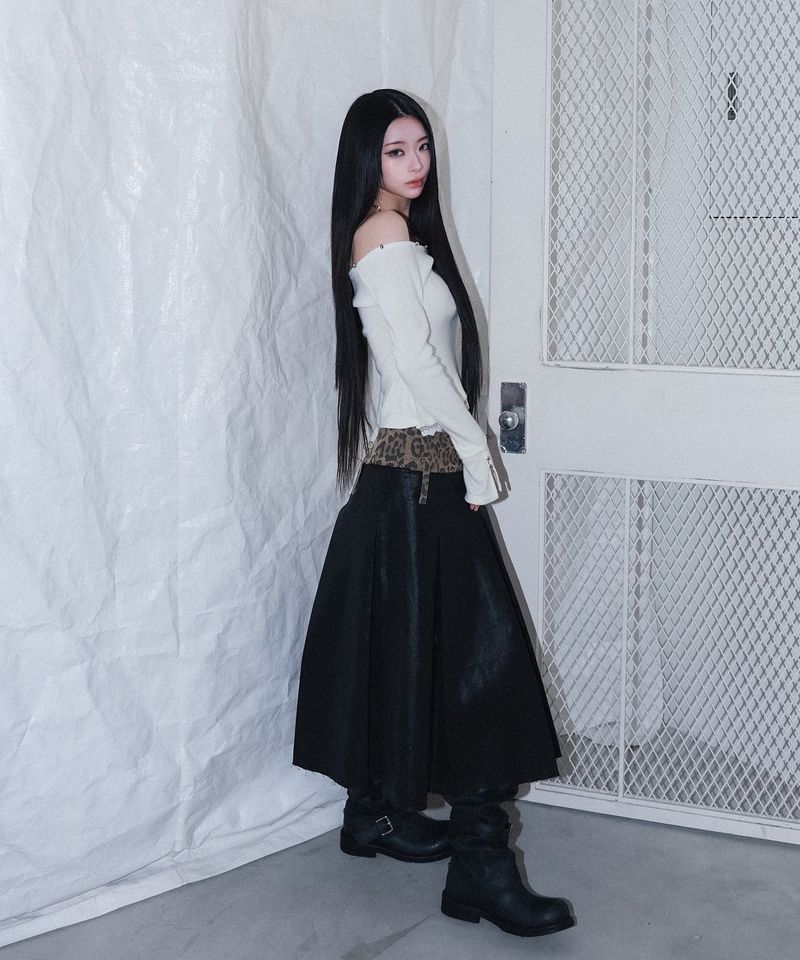 leopard long pleats wrap sk - black