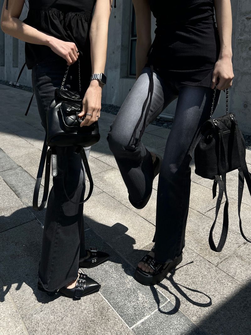 Gradient Washed High Waist Span Long Bootcut Denim Pants (Black)