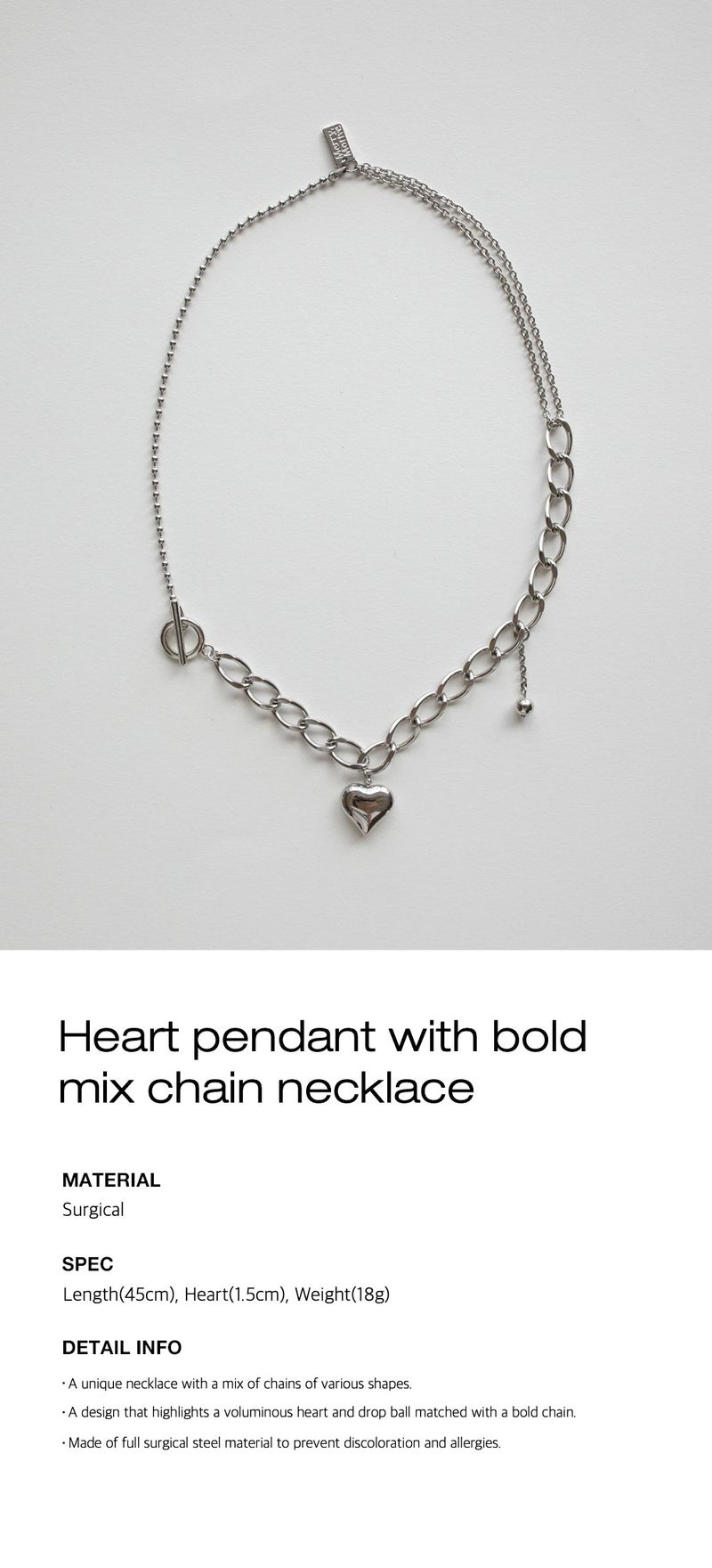 Heart pendant with bold mix chain necklace
