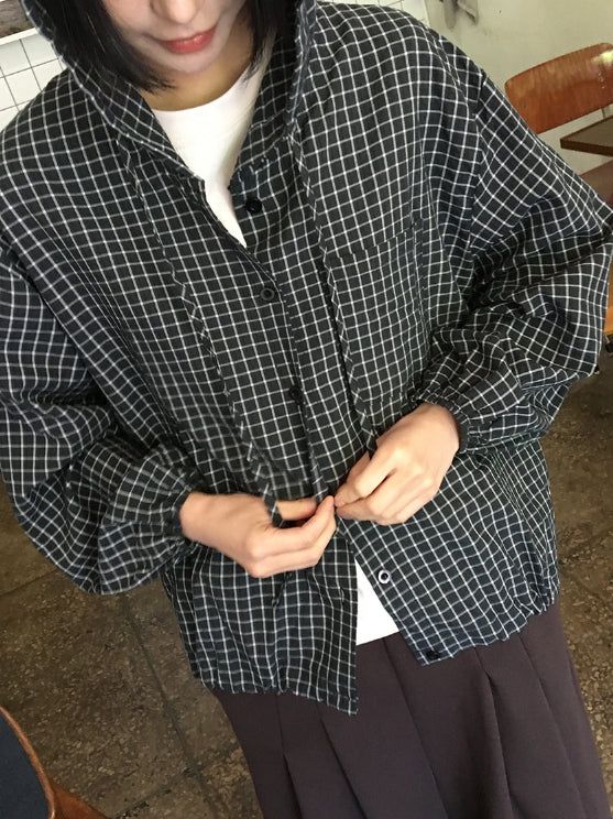 Attil check hood long sleeve shirt