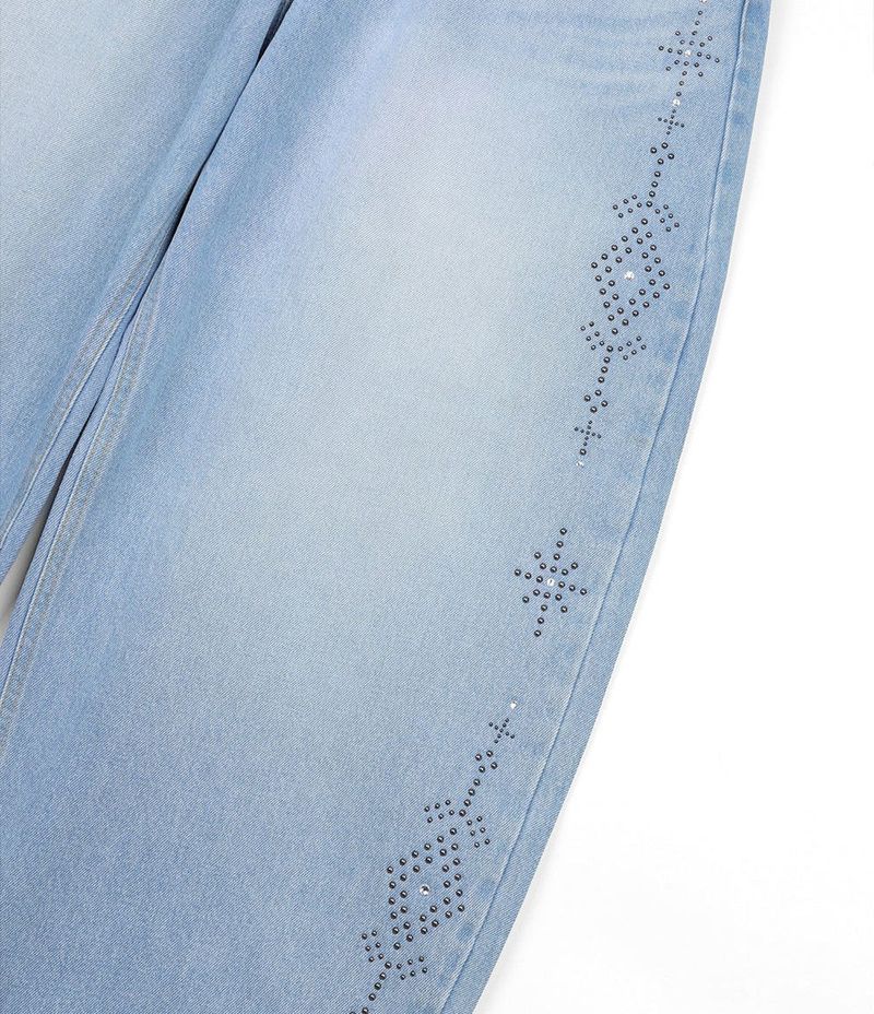 Curved Western Stud Denim Pants - Light Blue