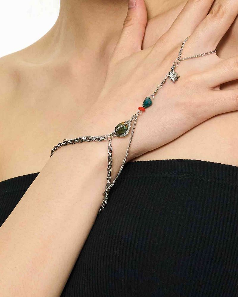 Chain Link Ring Bracelet - Green Stone _ GREEN