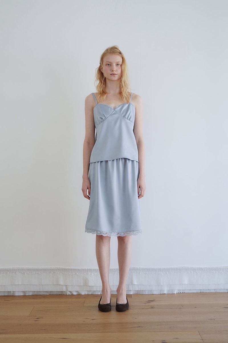 Satin lace top_skyblue