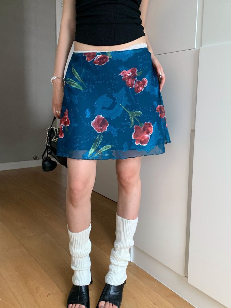 Red flower blue chiffon chiffon skirt