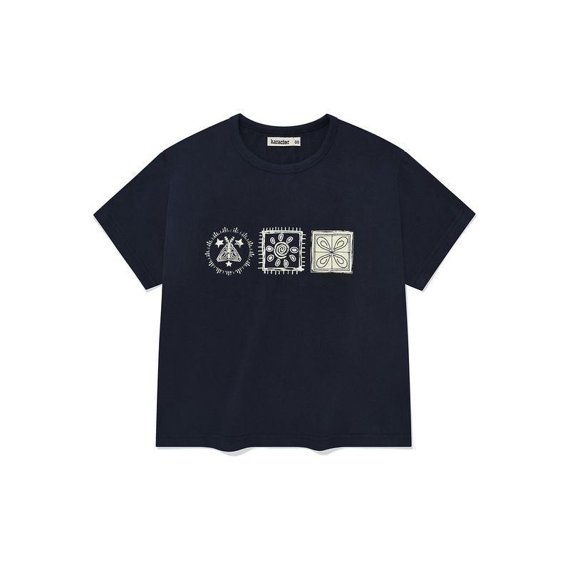 (w) Stamp crop half T-shirts / Navy