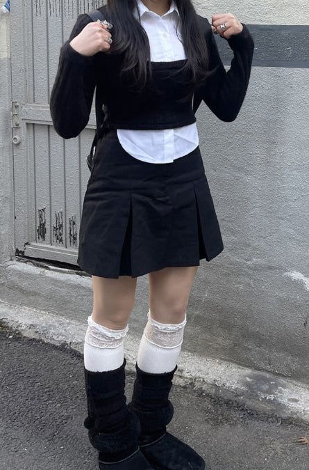School Look Shirt Cardigan Layered Set