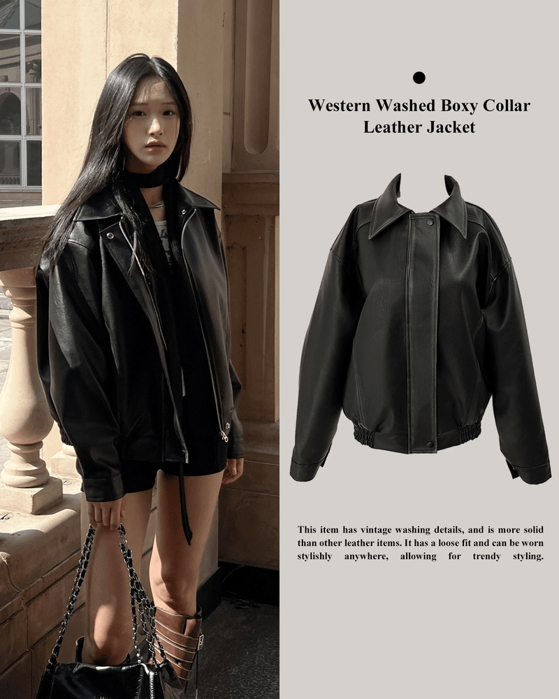 GUSTA（グスタ）の「Western Washed Boxy Collar Leather Jacket (Black)（Jackets/Outerwear）」